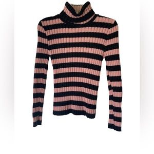 Pink & Black Striped Knit Turtleneck Sweater